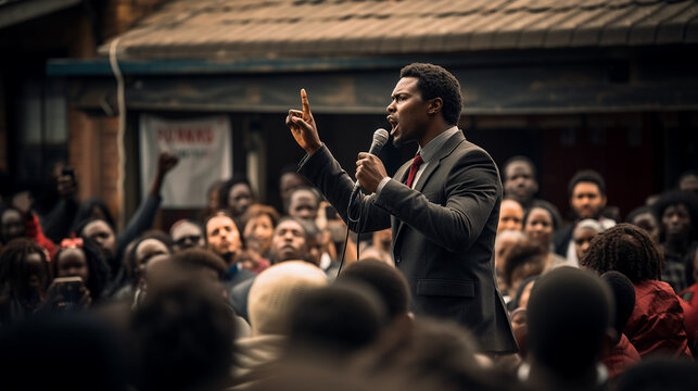 Black man speaking into a microphone to people on the street