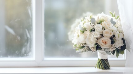 Beautiful bridal bouquet featuring white roses adorns the windowsill gracefully, adding an elegant touch and enhancing the ambiance with timeless beauty.