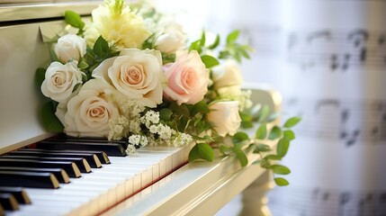 Bridal bouquet gracefully adorns the piano, seamlessly merging the beauty of flowers with the enchanting melody of music, creating a visual symphony of love and romance.
