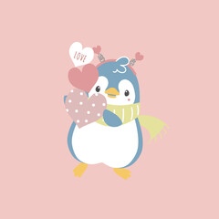 Obraz na płótnie Canvas cute and lovely penguin holding heart, happy valentine's day, love concept, flat vector illustration cartoon character costume design