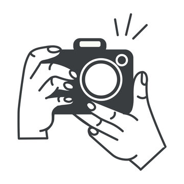 Kawaii element of set in black line design. This kawaii-style camera illustration boasts a black outline, making it irresistibly cute for photography enthusiasts. Vector illustration.
