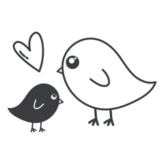 Kawaii element of set in black line design. Demonstration of the whimsy of kawaii art with this delightful birds characters, outlined in black to capture its lovable essence. Vector illustration.