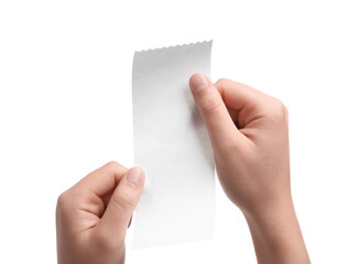 Woman holding piece of blank thermal paper for receipt on white background, closeup