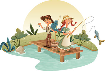 Cartoon couple fishing on wooden pier. People catching fish.

