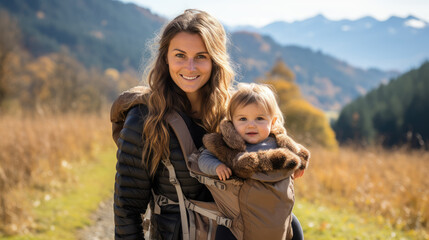 A mother with a baby in a carrier travels through the mountains. An active lifestyle.
