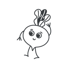 Garden element of set in black line design. Demonstration of the art of gardening with this black-outlined illustration in a garden-themed style, starring a beet character. Vector illustration.