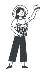 Garden element of set in black line design. The garden-themed style with this black-outlined illustration of a woman gardener is perfect for various projects. Vector illustration.