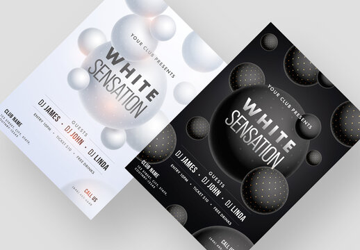 White Sensation Party Flyer Design in Black and Light Gray Color Options.