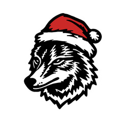 Christmas Wolf - Cartoon illustration of wolf wearing Christmas hat