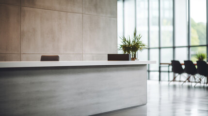 Reception desk and corridor in an empty modern office hall in loft style. Business background for...