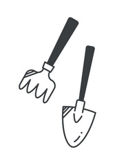 Garden element of set in black line design. Illuminating the world of gardening with this exciting black outline illustration of a shovel and rake. Vector illustration.