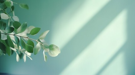 Pastel blue mint empty wall with sun rays and branches with eucalyptus leaves. Natural background