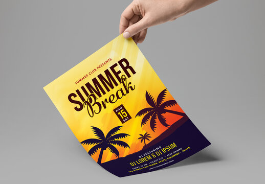 Summer Break Flyer Presenting with Coconut Trees and Event Details.
