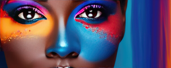 Beauty Africian Girl Face with Colorful make up. Fashion model woman in colorful bright lights