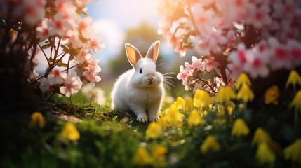 Cute fluffy funny little Easter bunny rabbit among spring flowers in a green garden. Postcard Happy Easter poster