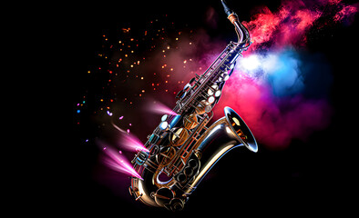 Saxophone on a dark background, with bright beams - obrazy, fototapety, plakaty