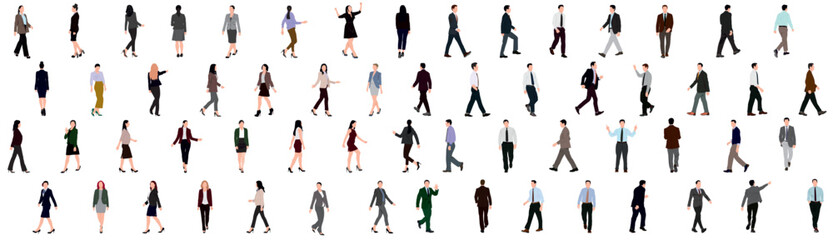 Set of business people walking and standing. Collection of businessman and woman.  Men and women in full length. Inclusive business concept. Vector illustration isolated on white background.