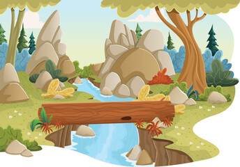 Cartoon creek with a log in the forest. Adventure scene in the forest. 
