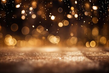 Abstract festive golden bokeh background of defocused golden sparkle confetti circles
