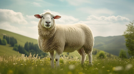 A wool sheep grazes on an ecologically clean picturesque meadow.