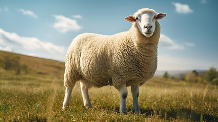 Fototapeta premium A wool sheep grazes on an ecologically clean picturesque meadow.
