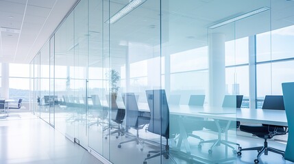 Naklejka na ściany i meble Blur background in modern office interior, glass wall, table for negotiations, meetings. Business background