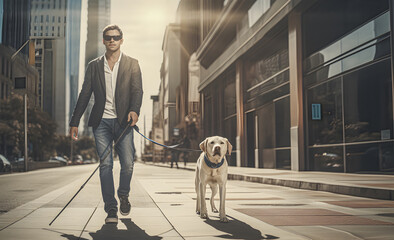 A blind disabled man in black sunglasses, with a white cane and a guide dog walks down the street.