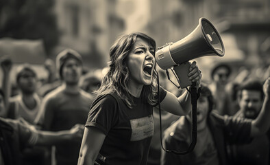 A woman shouts into a megaphone at a protest in a crowd. black and white photo