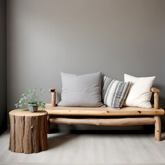 Tree logs wooden rustic bench home interior design of modern living room. generative ai