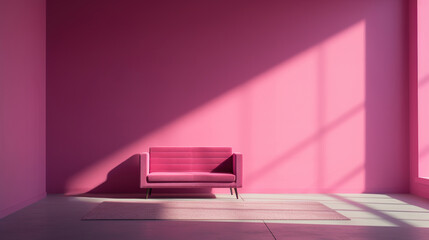 Pink monochrome interior design, pink sofa and empty background on luxury pink wall, living room mockup and sunlight from window