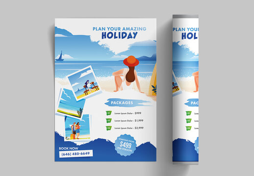 Holiday Travel Package Template or Flyer Layout with Website Details.