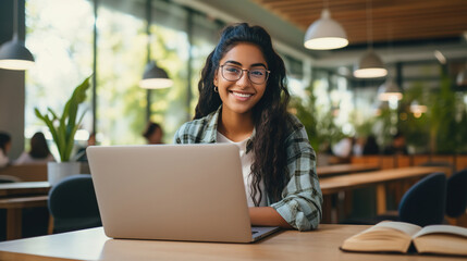 Young happy smiling Hispanic female student preparing for exam using laptop in university library. College student studying remotely. Education and technology background - obrazy, fototapety, plakaty