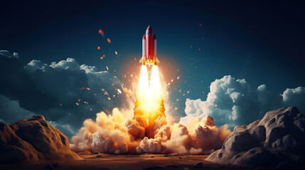 A spaceship takes off into the sky from the cosmodrome, clouds of smoke. The rocket starts traveling into space. Startup concept. - obrazy, fototapety, plakaty