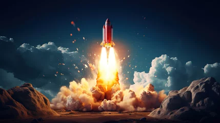 Foto op Canvas A spaceship takes off into the sky from the cosmodrome, clouds of smoke. The rocket starts traveling into space. Startup concept. © Irina Sharnina