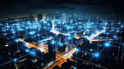 Obraz premium Smart city, abstract glowing line and dot connect to network, internet and big data connection technology concept.