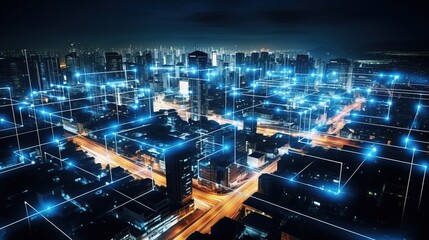 Smart city, abstract glowing line and dot connect to network, internet and big data connection technology concept.