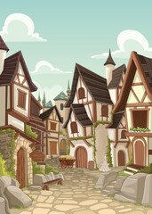 Cartoon medieval town. Middle age village.  Ancient city.
