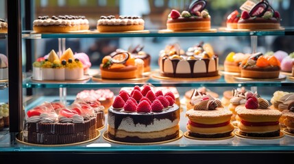 Assortment of cakes on a glass showcase of a pastry bakery. Sweet delicious fresh baked goods