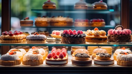 Assortment of cakes on a glass showcase of a pastry bakery. Sweet delicious fresh baked goods