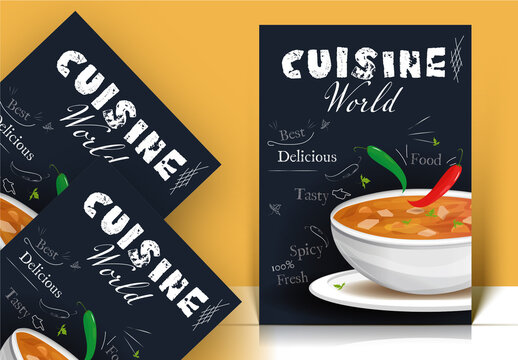 Creative Cuisine World or Recipe Book Cover Design with Spicy Soup Illustration.