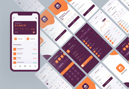 E-Banking App UI Kit For Responsive Mobile App or Website With Different Layout Including Sign In, Send Money, Sign Up, Recharge And Notification Screens.