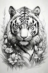 Monochromatic Majesty: Tiger in Floral Serenity