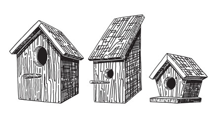 Wooden bird houses outline clipart set. Spring time doodles collection. Vector illustration in engraving style isolated on white.