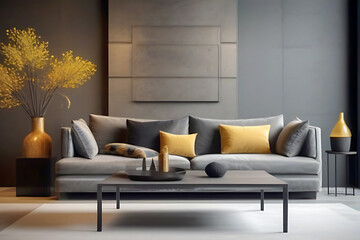 Art deco home interior design of modern living room with Black velvet sofa, Generative ai