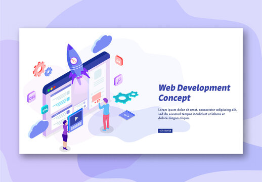 Web Design Based Landing Page with Isometric View of Business People or Developer Working at Workplace.