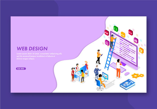 Website Development Concept Based Landing Page, Isometric Developers Searching the Problem with Tower Crane at Workplace.