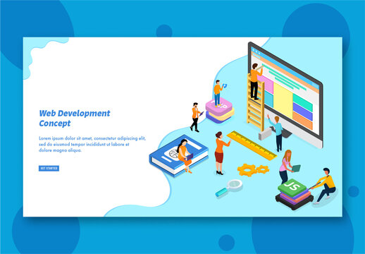 Web Development Concept Based Landing Page with Business People Maintain Website.