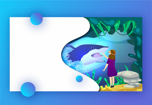 Young Girl Watching to Imaginary Underwater Shark Fish Through VR Glasses on Nature View. Landing Page Design for Advertising.
