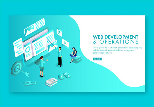 Web Development Concept Based Landing Page Design in Isometric Style.