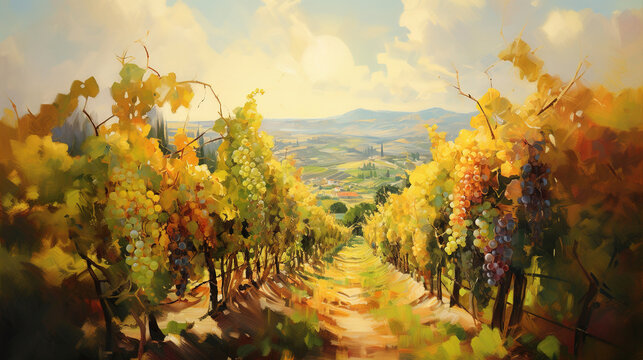 Landscape of vineyard plantation. Winery background